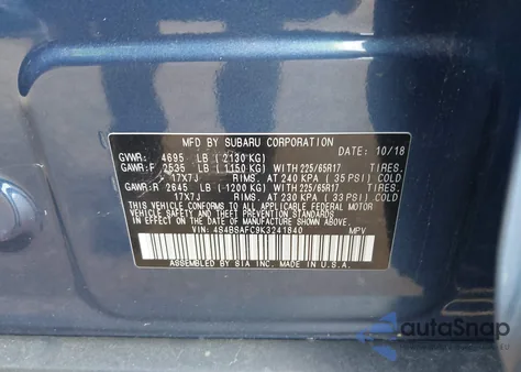 2019 Subaru Outback 2.5I Premium z USA, uszkodzony, nr VIN 4S4BSAFC9K3241840